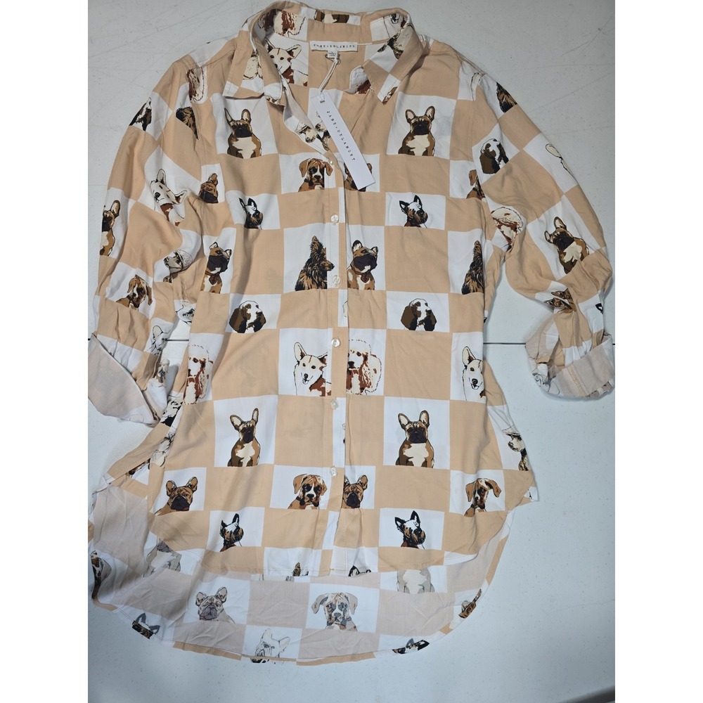 NEW NWT JANE + DELANCEY Dog Print Button Blouse Corgi, Frenchie White Tan Size L